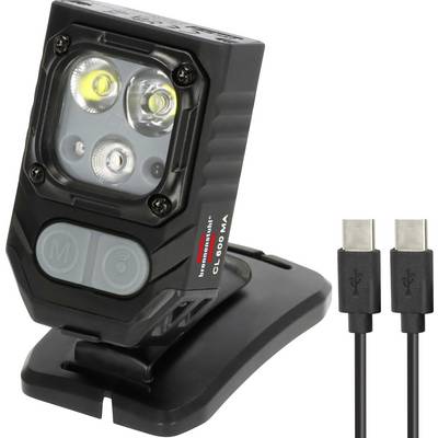 Černé nabíjecí LED pracovní světlo na svorku se stojanem, zobrazeno se dvěma nabíjecími kabely USB-C
