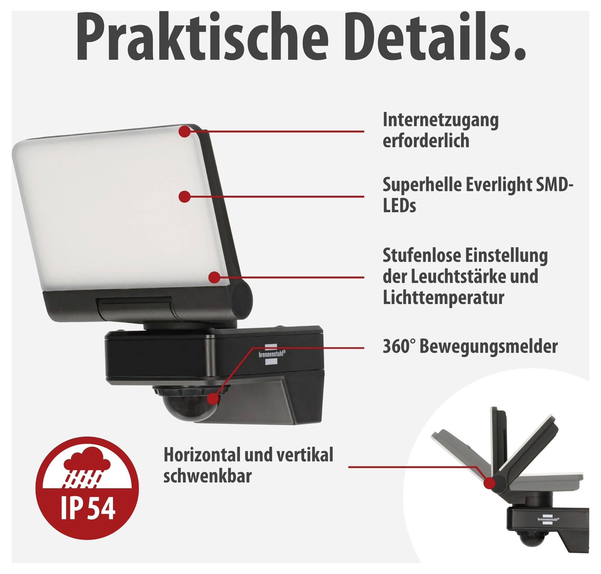 Infografika pohyblivého venkovního osvětlení s charakteristikami: Vyžaduje se přístup na internet, velmi jasné Everlight-SMD-LED, plynulá regulace jasu a barevné teploty, 360° detektor pohybu, vodorovně a svisle otočné, IP54.