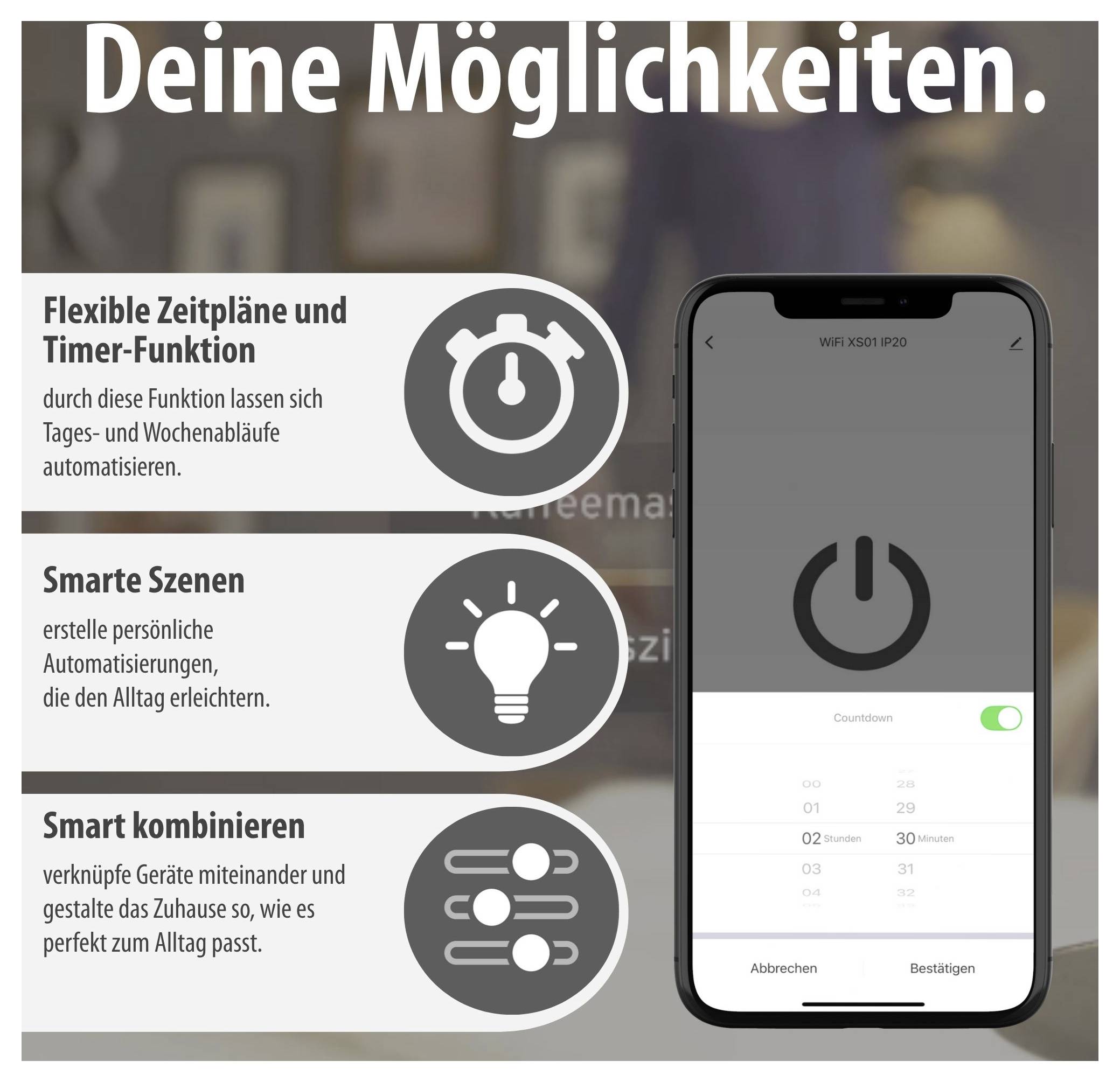 Propagační grafika „Tvé možnosti": zobrazuje ovládání chytré domácnosti prostřednictvím smartphonu s časovačem, inteligentnými scénami a propojením zařízení.
