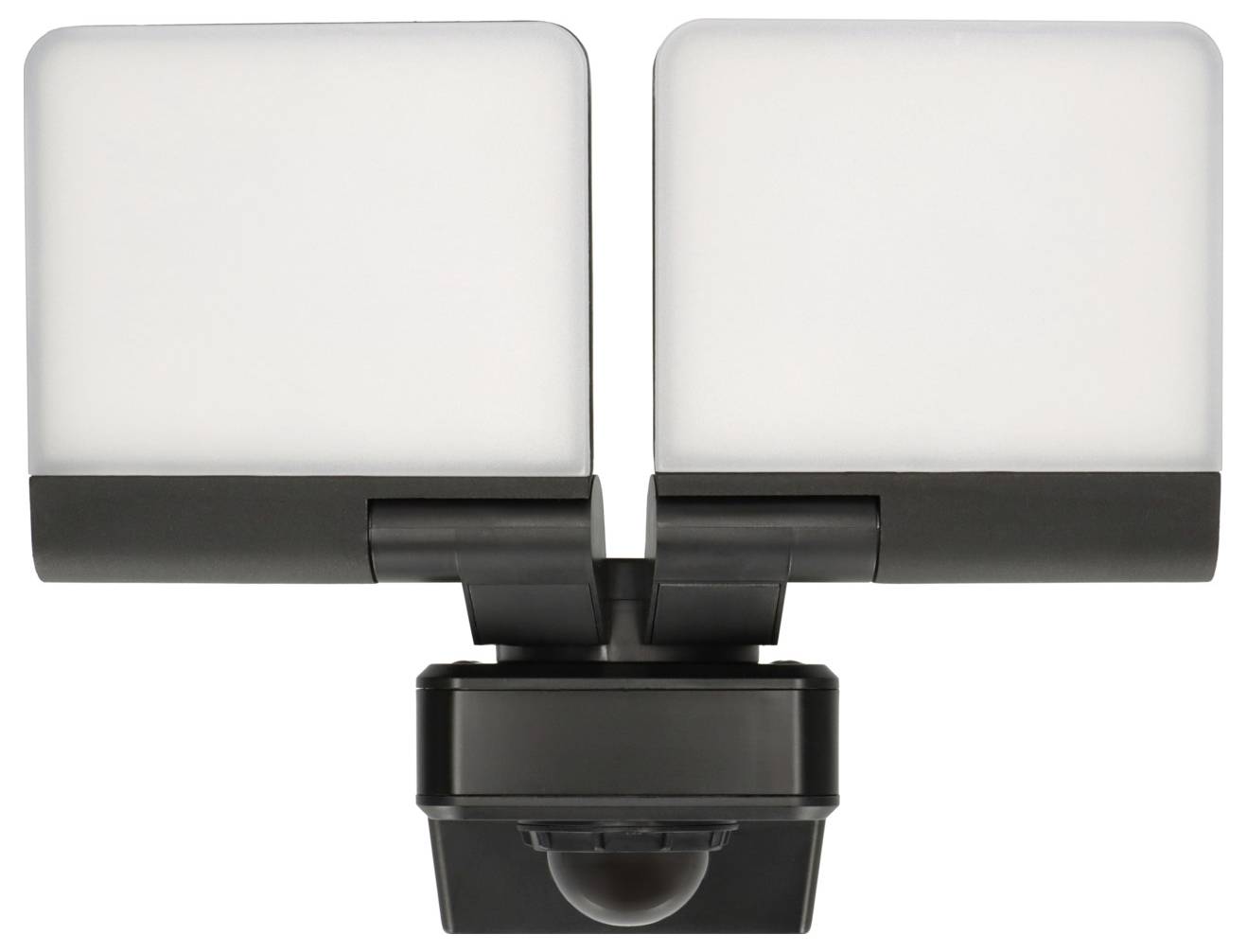 Venkovní bezpečnostní světlo s detektorem pohybu se dvěma obdélníkovými LED panely v černém pouzdře.