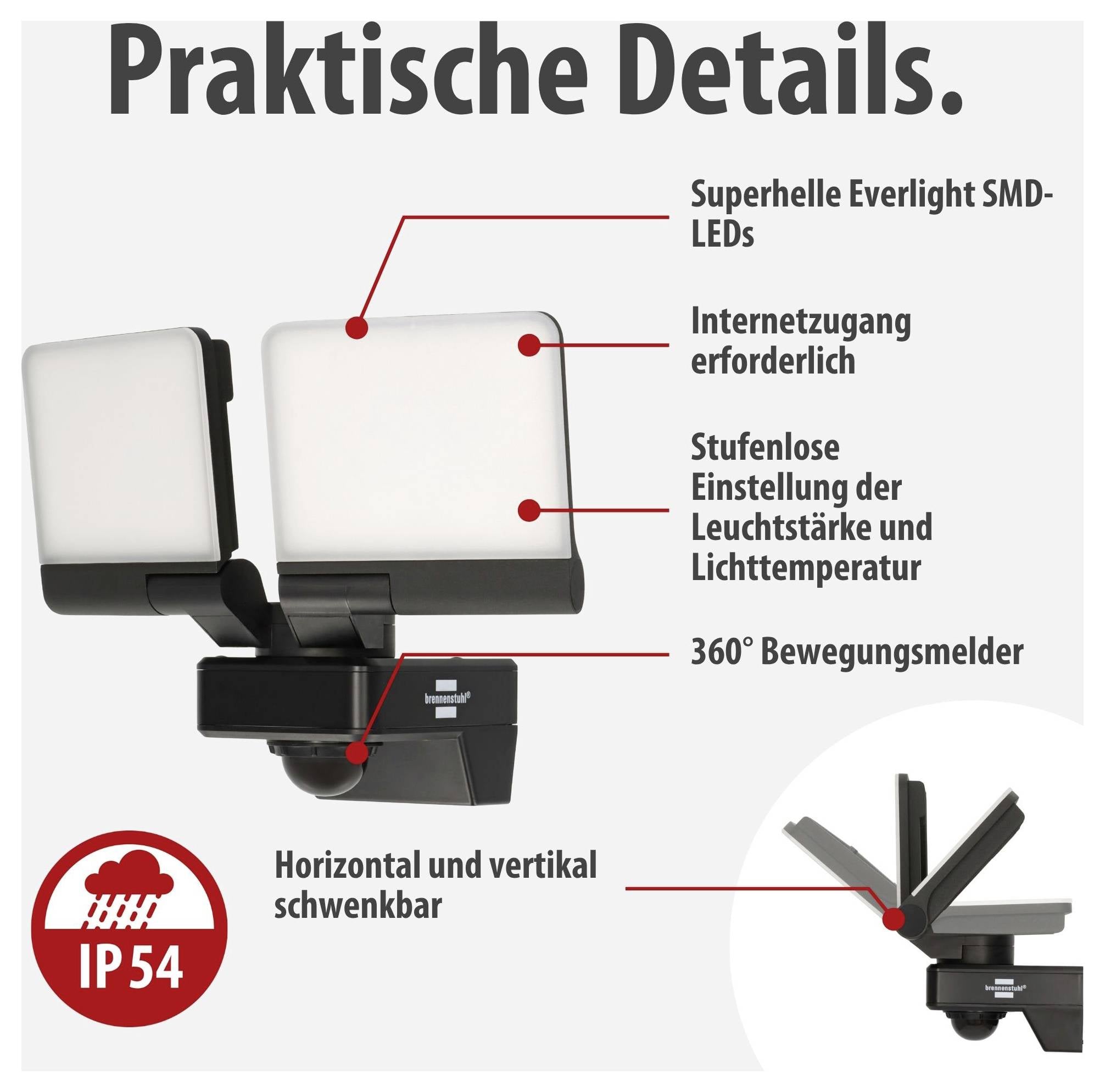 Reklamní grafika venkovního světla se senzorem pohybu: Velmi jasné SMD-LED diody, vyžadován přístup na internet, plynulá regulace jasu a teploty světla, 360° senzor pohybu, vodorovně a svisle otočný, IP54.