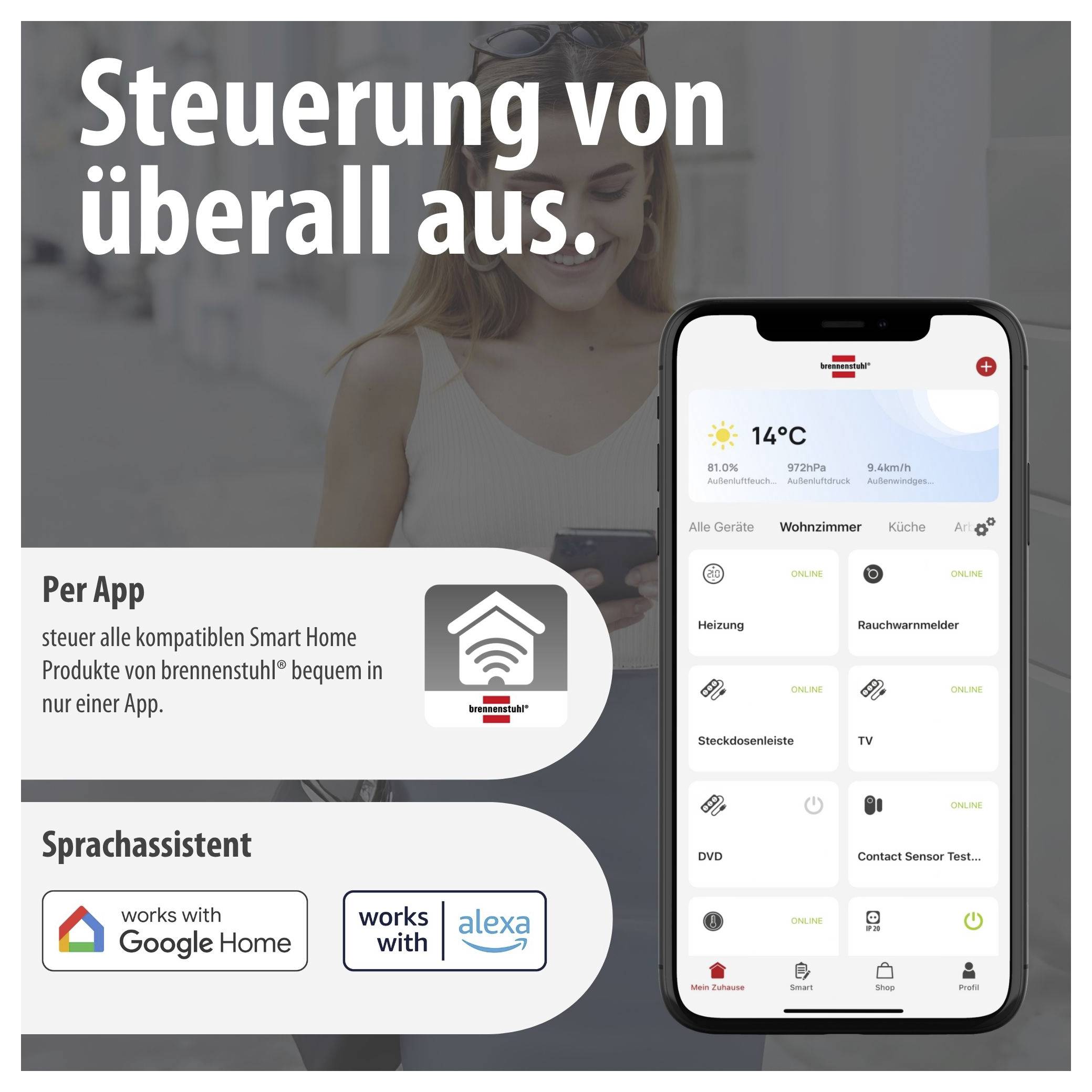 Reklamní plakát pro ovládání chytré domácnosti prostřednictvím aplikace a hlasových asistentů; smartphone zobrazuje ovládání vytápění, osvětlení a přístrojů.