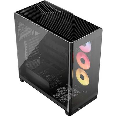 Štíhlý, černý počítačový tower s průhlednými stěnami, odhalující vnitřní komponenty a tři kruhové RGB ventilátory vyzařující barevná světla uvnitř.