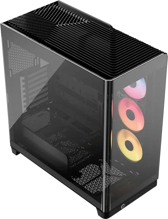 Černý počítačový case s průhledným bočním panelem odhalujícím vnitřní komponenty, včetně třech vertikálně umístěných RGB podsvícených chladicích ventilátorů.