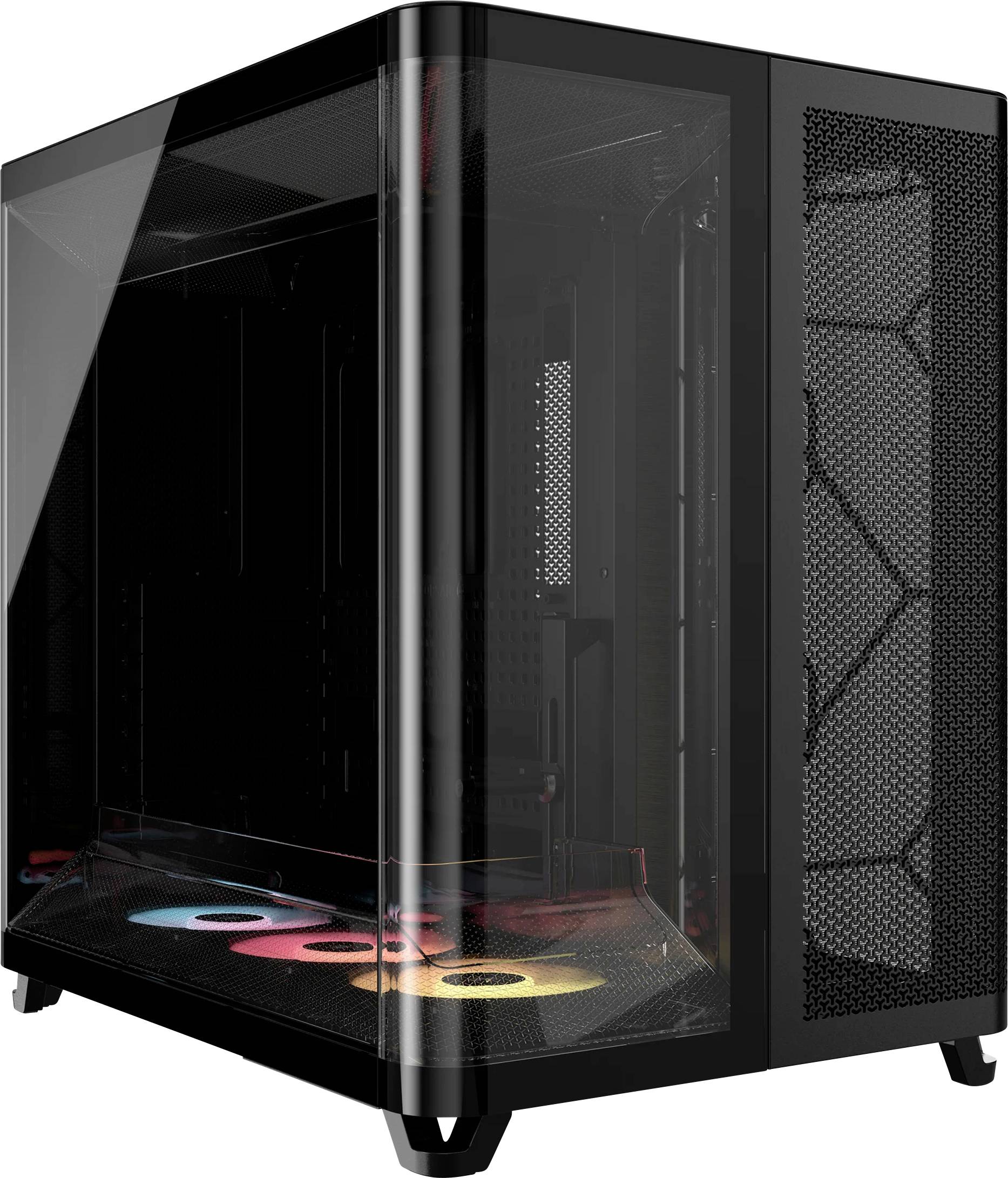 Průhledný počítačový case s ukázkou vnitřního RGB osvětlení, vyznačující se elegantním černým designem s větracími mřížkami na předním panelu.