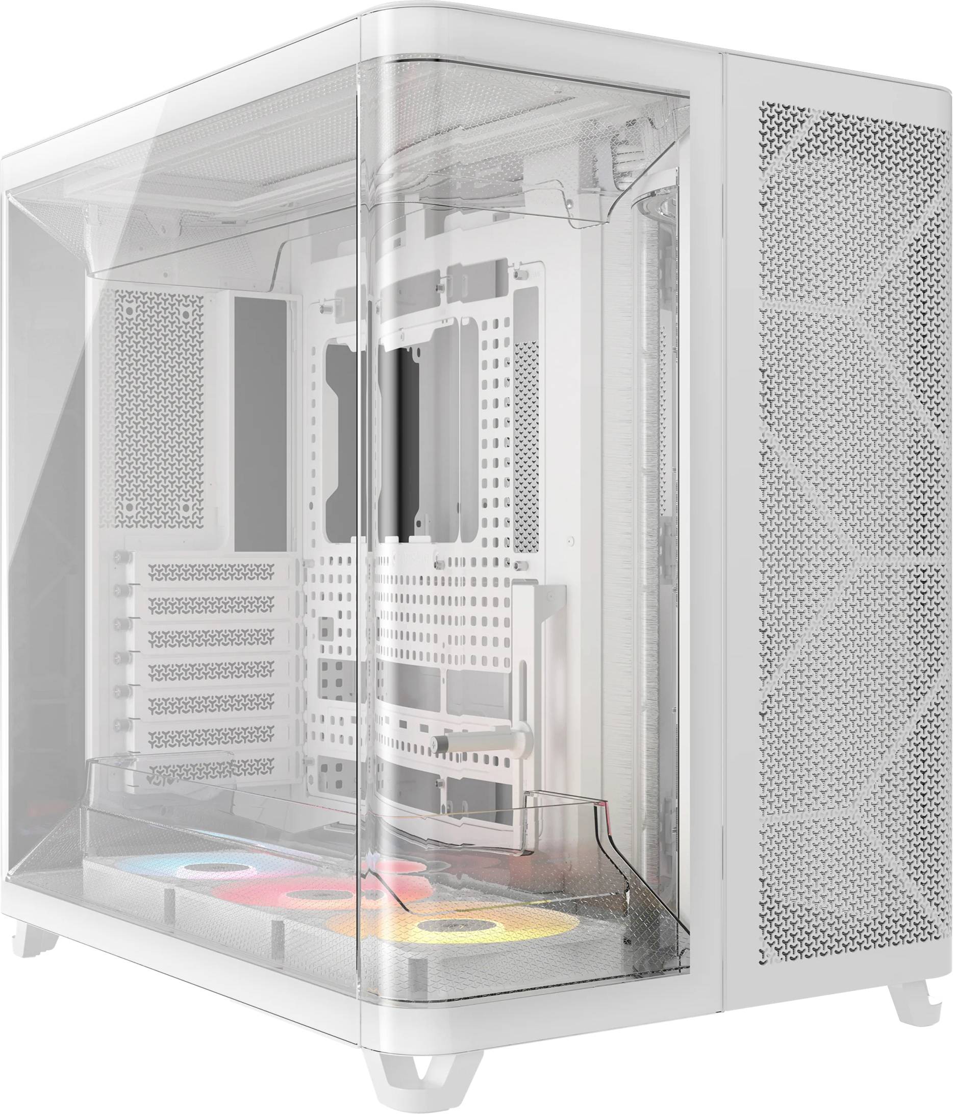 Bílý počítačový kryt s průhledným bočním panelem, odhalující prázdný vnitřní prostor a tři barevné ventilátory umístěné ve spodní části.