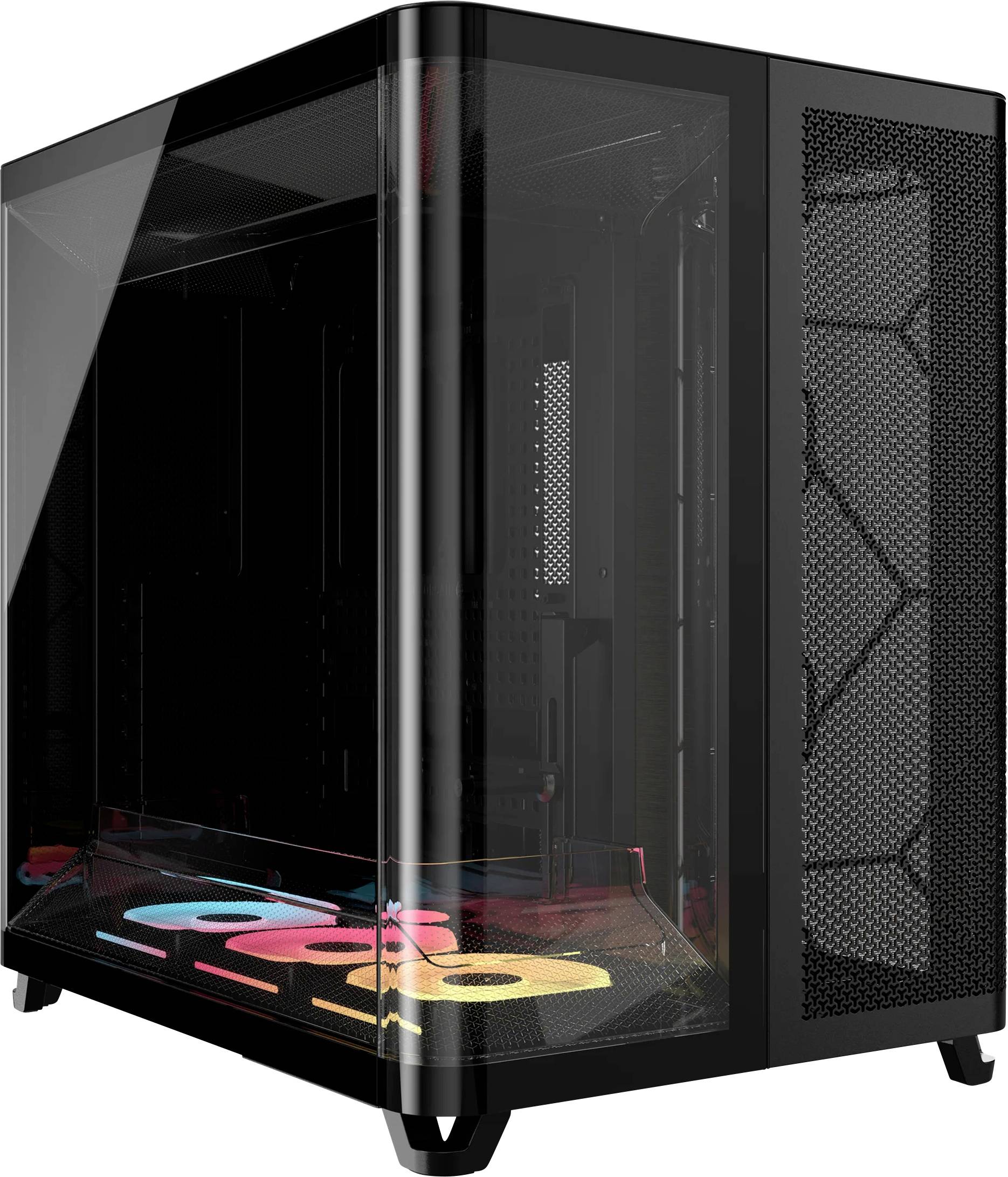 Černá počítačová skříň s průhledným bočním panelem, která zobrazuje vnitřní RGB osvětlení a chladicí ventilátory, navržená pro hraní her nebo vysoce výkonné počítačové zpracování.