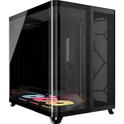 Černá počítačová skříň s průhledným bočním panelem, která zobrazuje vnitřní RGB osvětlení a chladicí ventilátory, navržená pro hraní her nebo vysoce výkonné počítačové zpracování.