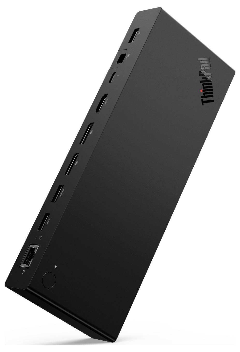 Černá, pravoúhlá dokovací stanice s několika porty včetně HDMI, USB a Ethernetu, se zobrazením červeného loga 'ThinkPad'.