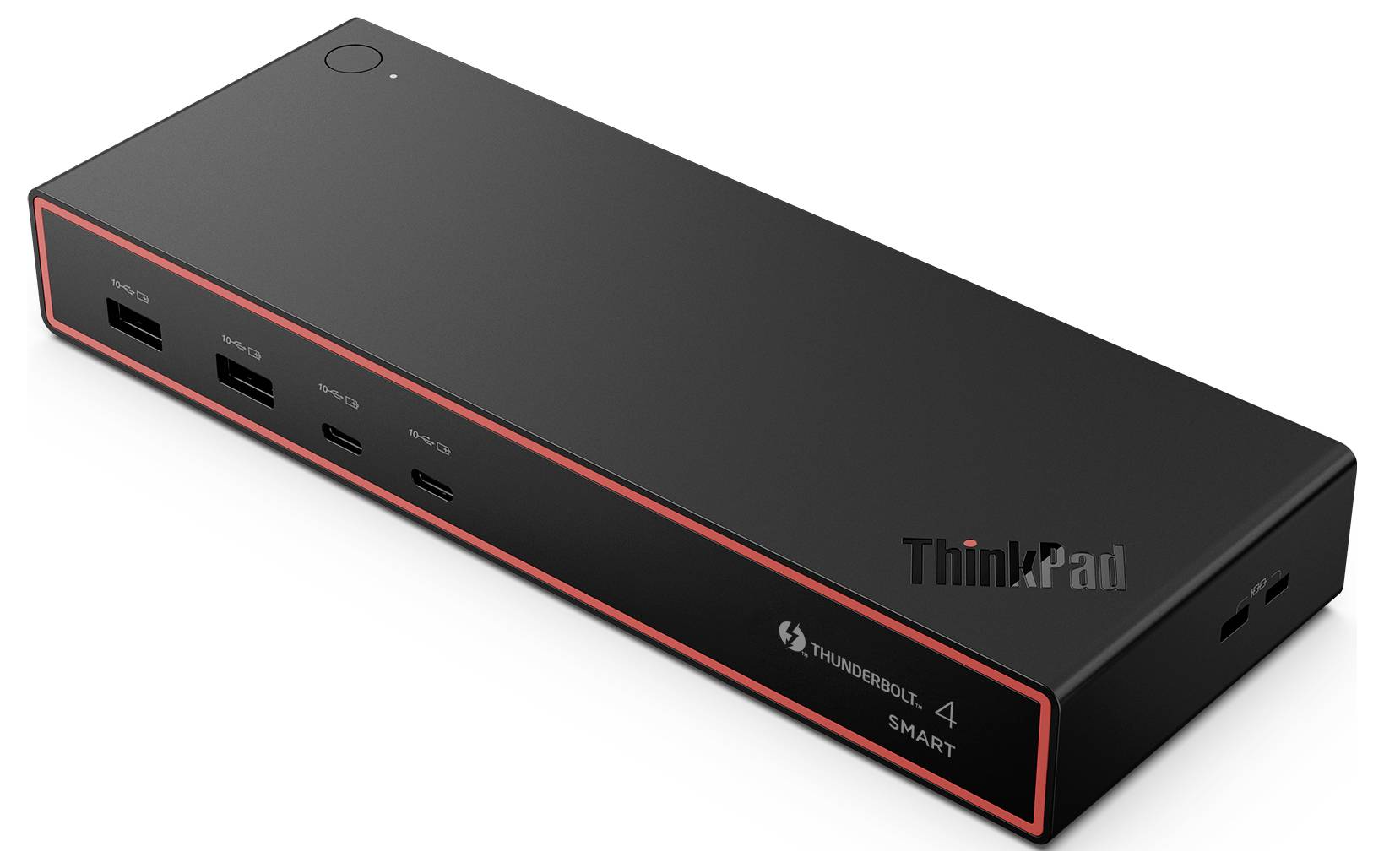Dokovací stanice ThinkPad Thunderbolt 4 Smart Dock s několika porty pro připojení, včetně USB a Thunderbolt, v elegantním černém designu.