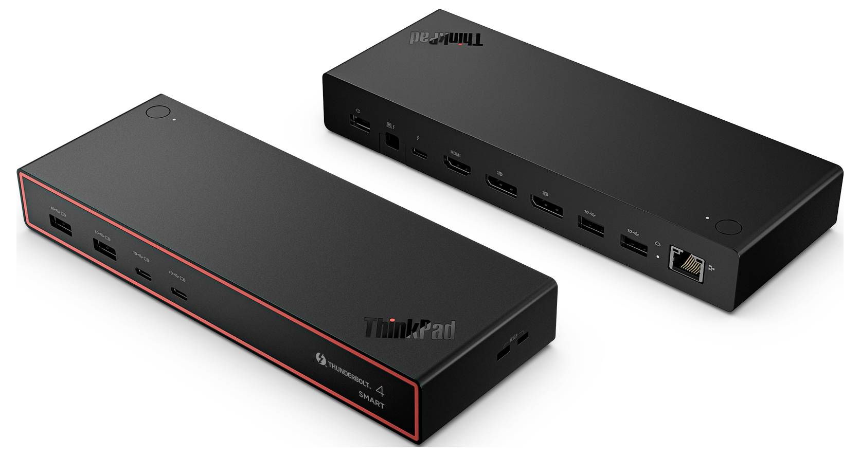 Dvě černé dokovací stanice ThinkPad s několika porty, včetně USB-C a Ethernetu, na bílém pozadí.