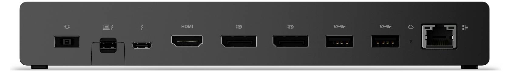 Pohled zezadu na černý elektronický přístroj zobrazující různé porty včetně dvou HDMI, dvou USB, ethernetového portu, napájecího konektoru a audiojack vstupu.