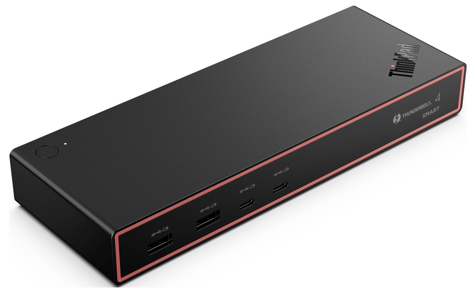 Černá obdélníková dokovací stanice ThinkPad s několika porty, včetně USB-C a Thunderbolt, určená pro připojování zařízení.