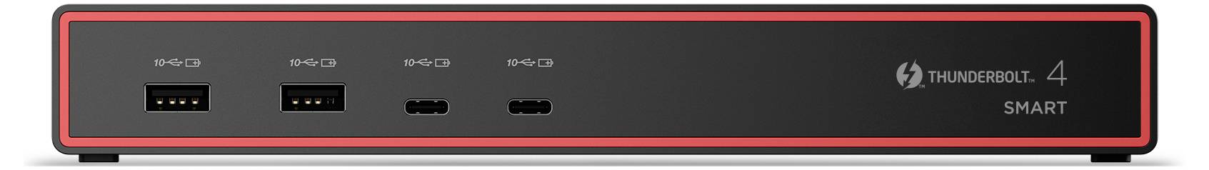 Obrázek ukazuje inteligentní dokovací stanici Thunderbolt 4 s několika USB a Thunderbolt porty na přední straně pro připojení zařízení.