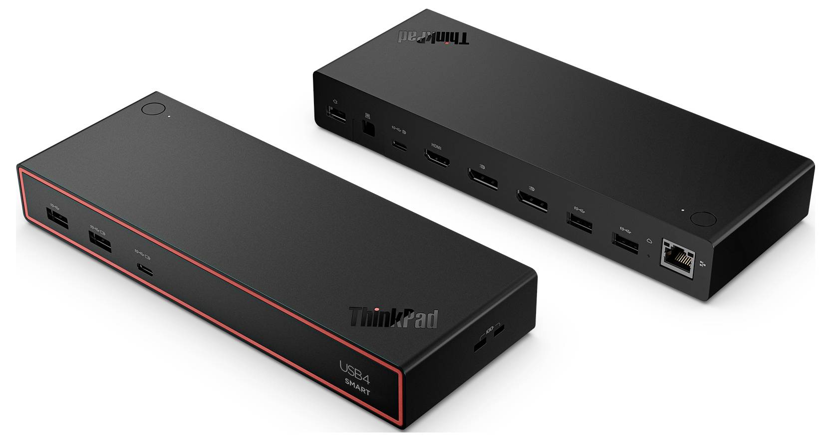 Dva černé dokovací stanice Lenovo ThinkPad s různými USB a ethernetovými porty, jedna zvýrazněná červenou linkou, uspořádané diagonálně.