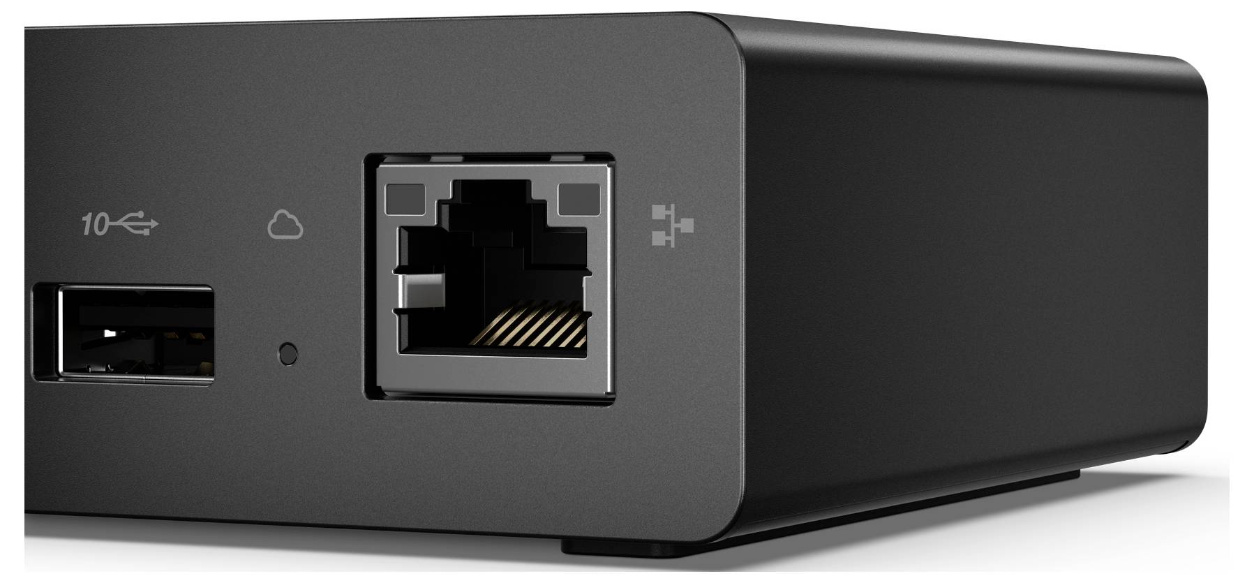 Černé elektronické zařízení zobrazující USB port a ethernetový port, s symboly indikujícími prvky síťového připojení na předním panelu.