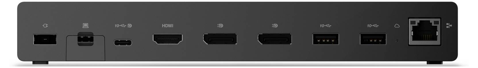 Černé elektronické zařízení s několika porty včetně HDMI, USB a Ethernetového portu.