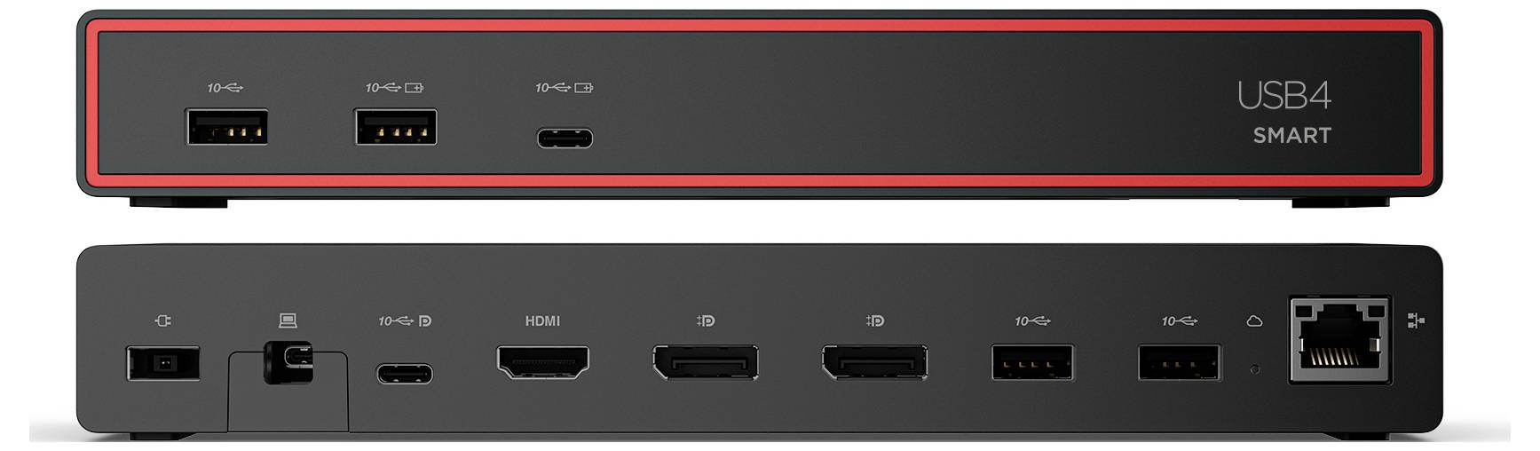 Dokovací stanice USB4 s několika porty včetně USB, HDMI, Ethernetu a audia. Pohled shora zobrazuje značku USB4. Přední a zadní pohledy.
