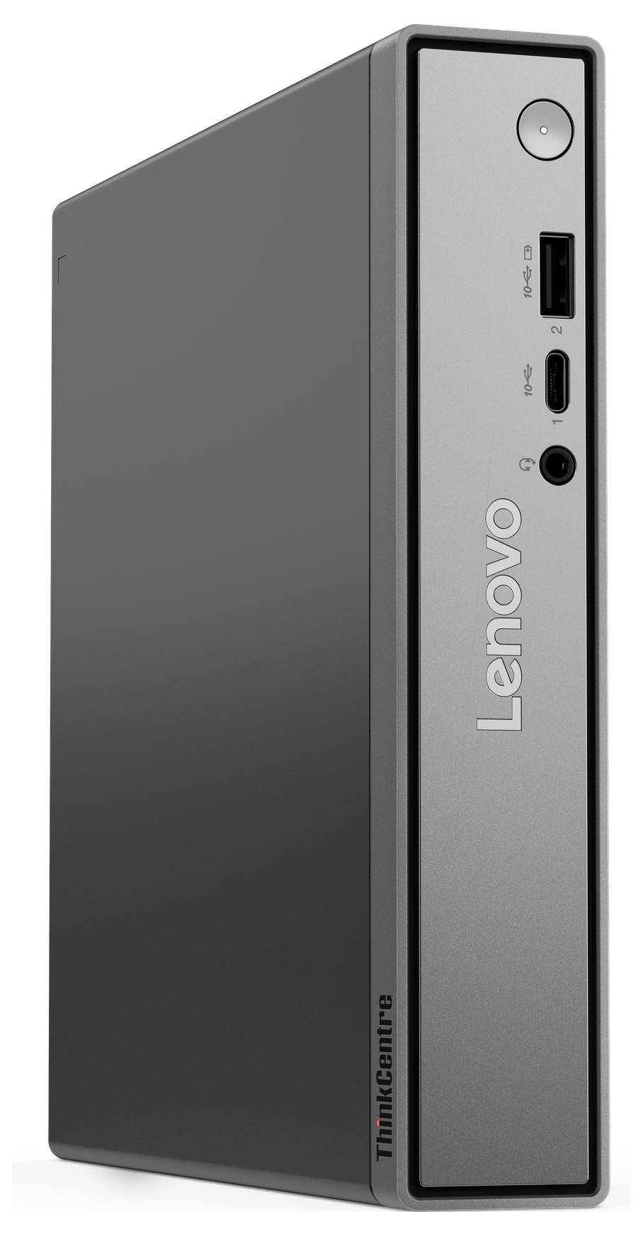 Elegantní kompaktní stolní počítač Lenovo ThinkCentre s mini věží, který je vybaven portem USB a konektorem pro sluchátka na předním panelu, ideální pro malé pracovní prostory.