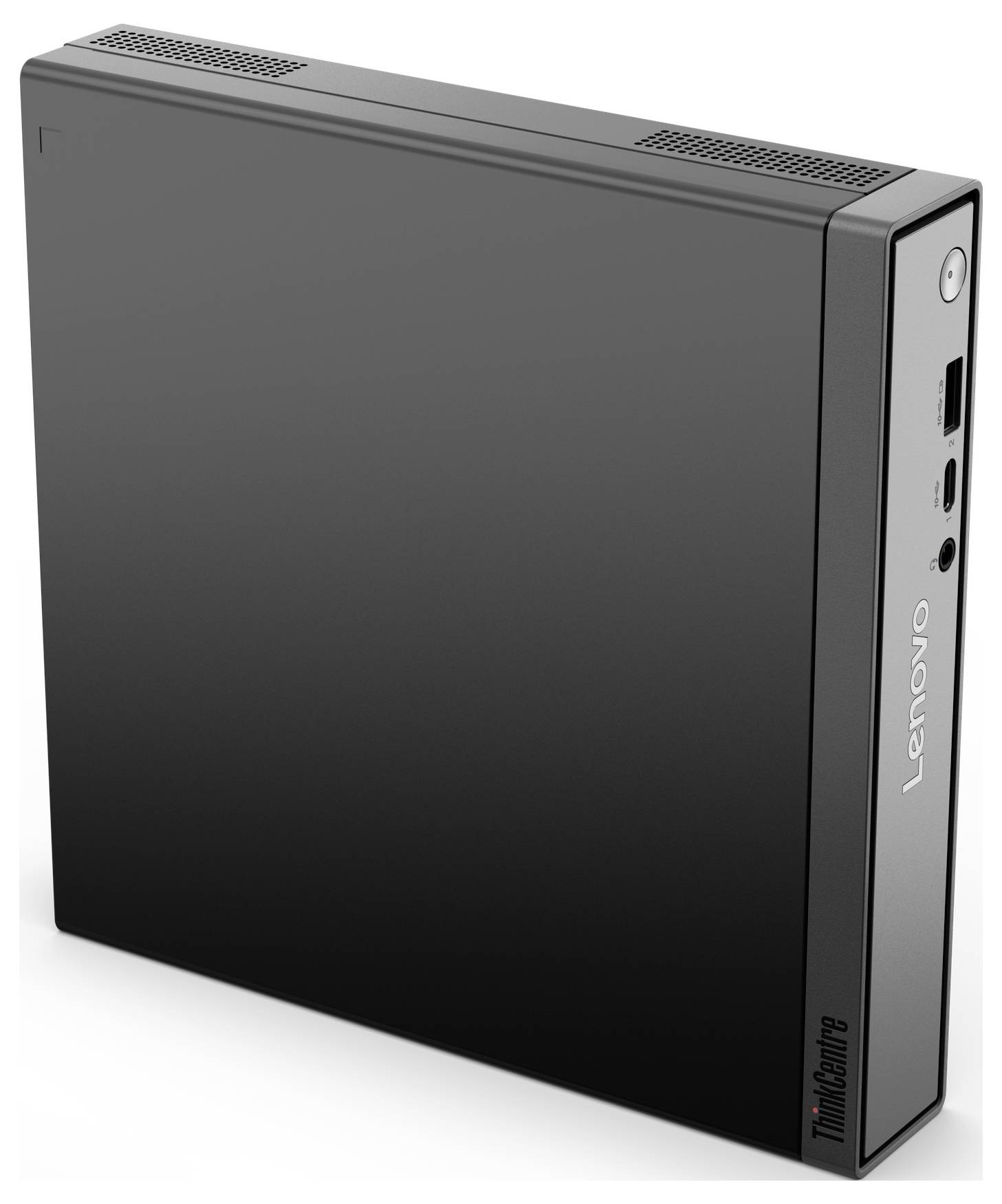 Štíhlý černý stolní počítač Lenovo ThinkCentre, pohled z mírného úhlu, zobrazující logo Lenovo a různé porty na pravé straně.