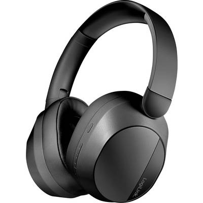 Černá bezdrátová sluchátka over-ear s elegantním designem, vybavená polstrovanými náušníky a hlavovým mostem, vhodná pro potlačení hluku.
