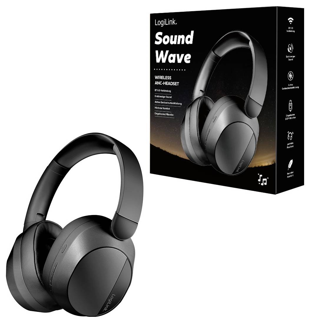 Černá bezdrátová sluchátka LogiLink Sound Wave ANC vedle svého obalu, který zvýrazňuje bezdrátovou funkčnost a klíčové vlastnosti.