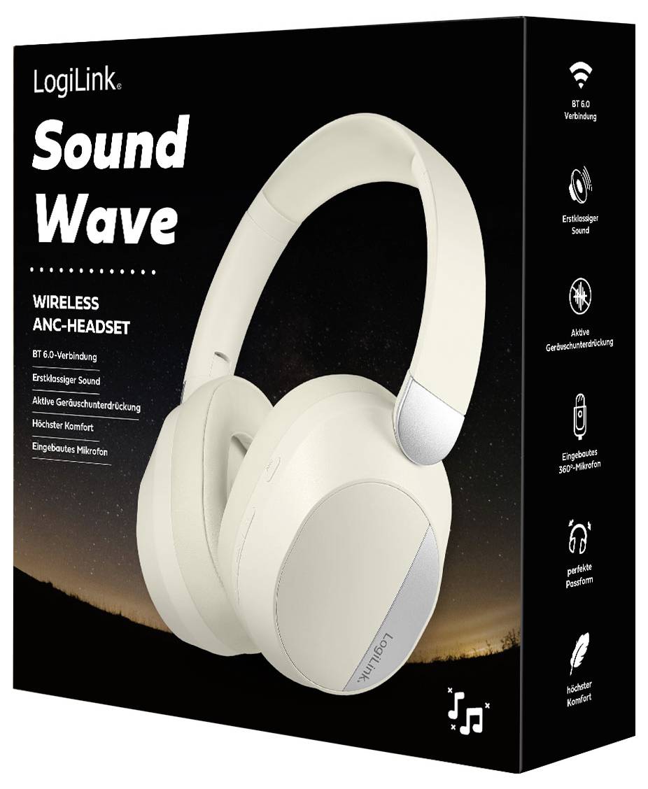Krabice zobrazující bezdrátová sluchátka LogiLink Sound Wave s aktivním potlačením hluku (ANC), v bílé barvě, zvýrazňující vlastnosti jako Bluetooth 5.0, aktivní potlačení okolního hluku a hluboké basové podání zvuku.