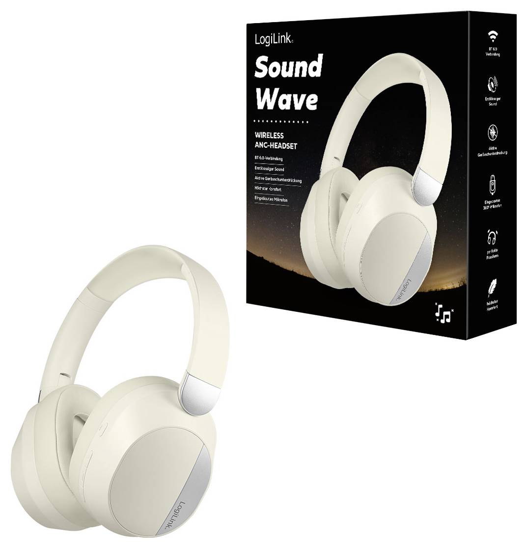 Bezdrátové náušní sluchátka v bílé barvě vedle jejich obalu s nápisem „Sound Wave". Disponují bezdrátovým připojením a potlačením hluku.