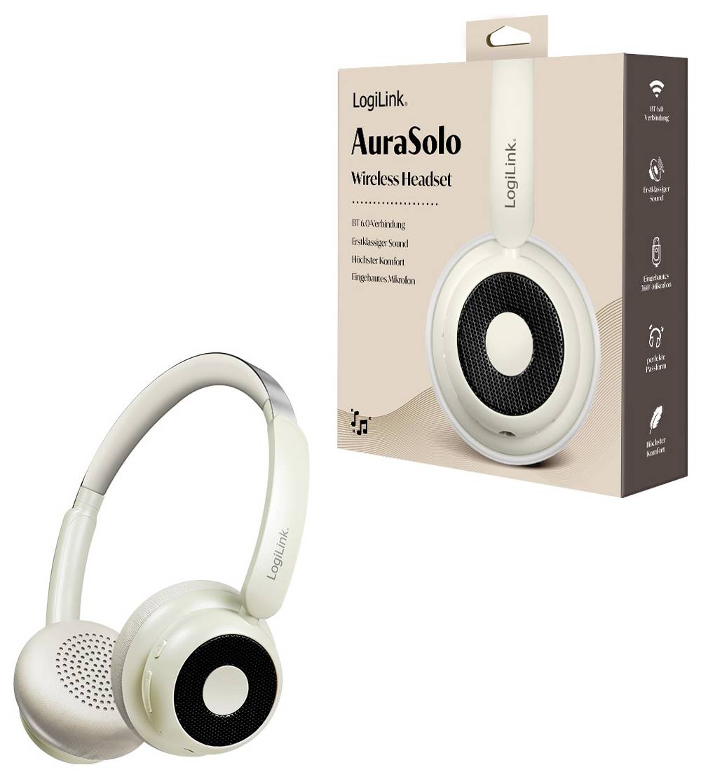 Bílý bezdrátový headset LogiLink AuraSolo vedle jeho obalu, který zvýrazňuje funkce jako 'Hlasitost', 'Vysoce kvalitní zvuk' a 'Vestavěný mikrofon'.