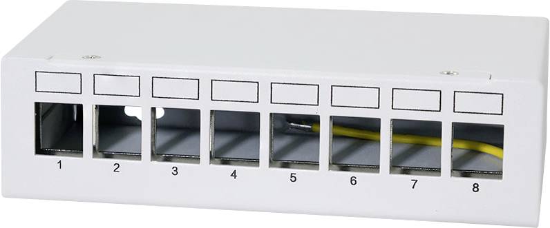 Bílý síťový patch panel s osmi očíslovanými porty, každý orámovaný černým čtvercem. Port šest obsahuje žlutý kabel.