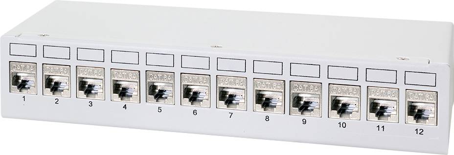 Síťový patch panel s dvanácti označenými porty RJ45 pro správu kabeláže.