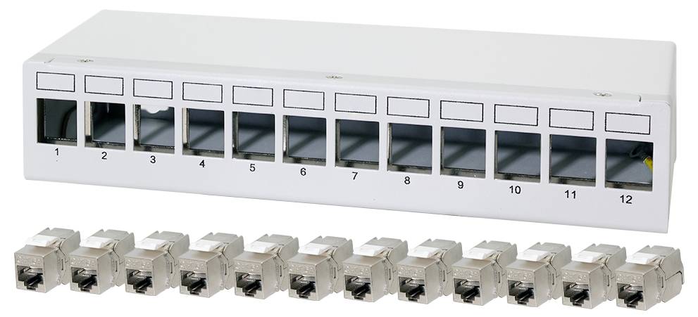 Bílý 12-portový patch panel s očíslovanými sloty a řadou 12 nestíněných keystone jacků pod ním, používaný pro síťová připojení.