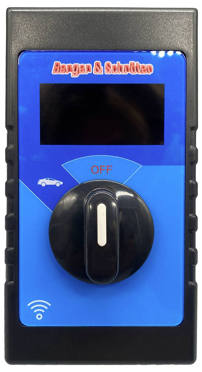 Ovládací panel elektrického nabíjení vozidel 'Bergen & Schotter' se zobrazeným nastavením 'OFF'. Obsahuje ikony pro Wi-Fi a nabíjení automobilu.