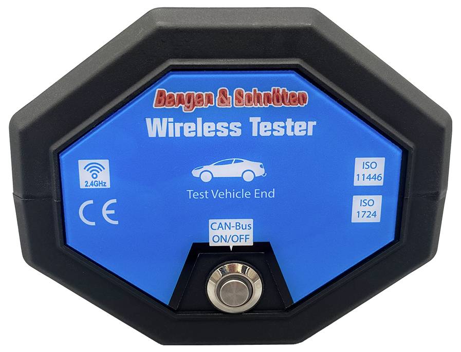 Panel testovacího zařízení 'Banger & Schlöter Wireless Tester' zobrazující ikonu automobilu, 'Test vozidla ukončen', přepínač CAN-Bus a ISO normy.