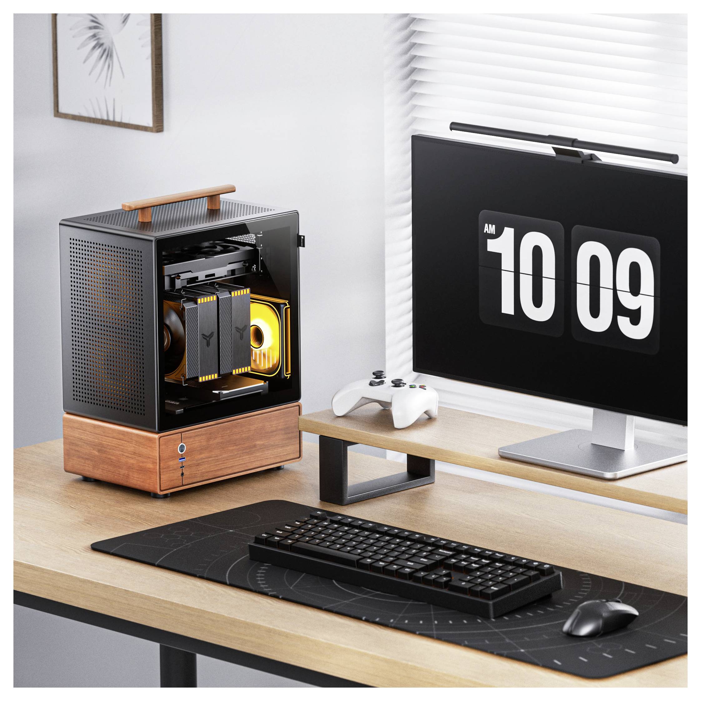 Moderní herní sestava PC s kompaktní černou a dřevěnou skříní počítače vedle monitoru zobrazujícího čas '10:09 dopoledne', klávesnicí a herním ovladačem.