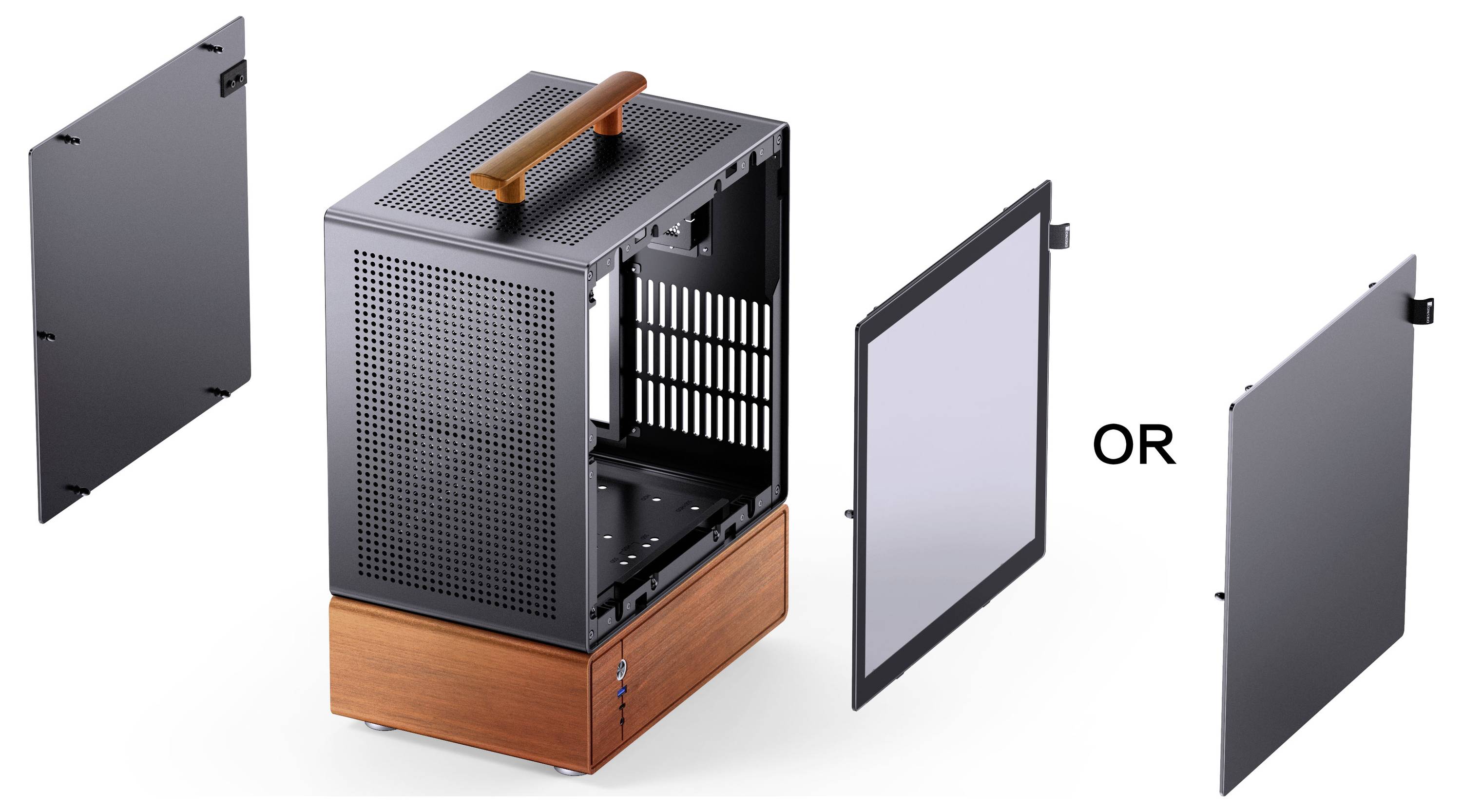 Počítačová skříň s elegantním, minimalistickým designem. Otevřené panely odhalují vnitřní strukturu. Na výběr je mezi pevnými nebo skleněnými bočními panely.'