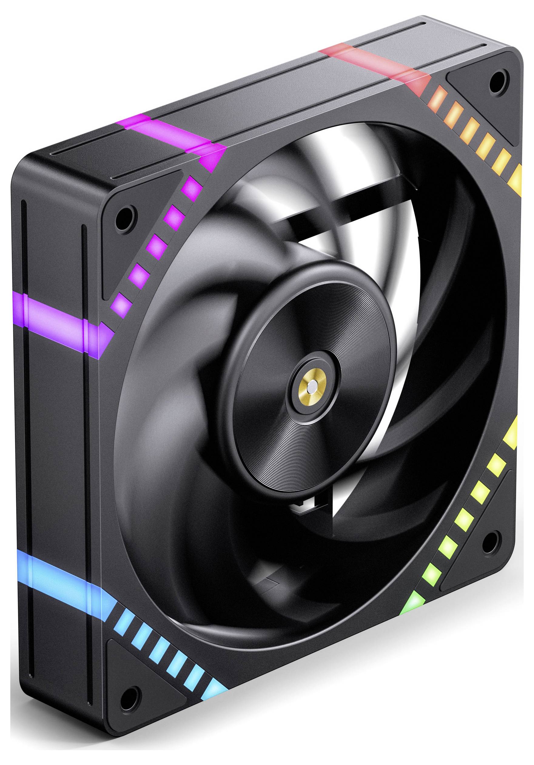Černý počítačový ventilátor s RGB osvětlením na rámu, zobrazující barevně osvětlené pruhy v modré, červené a žluté barvě.