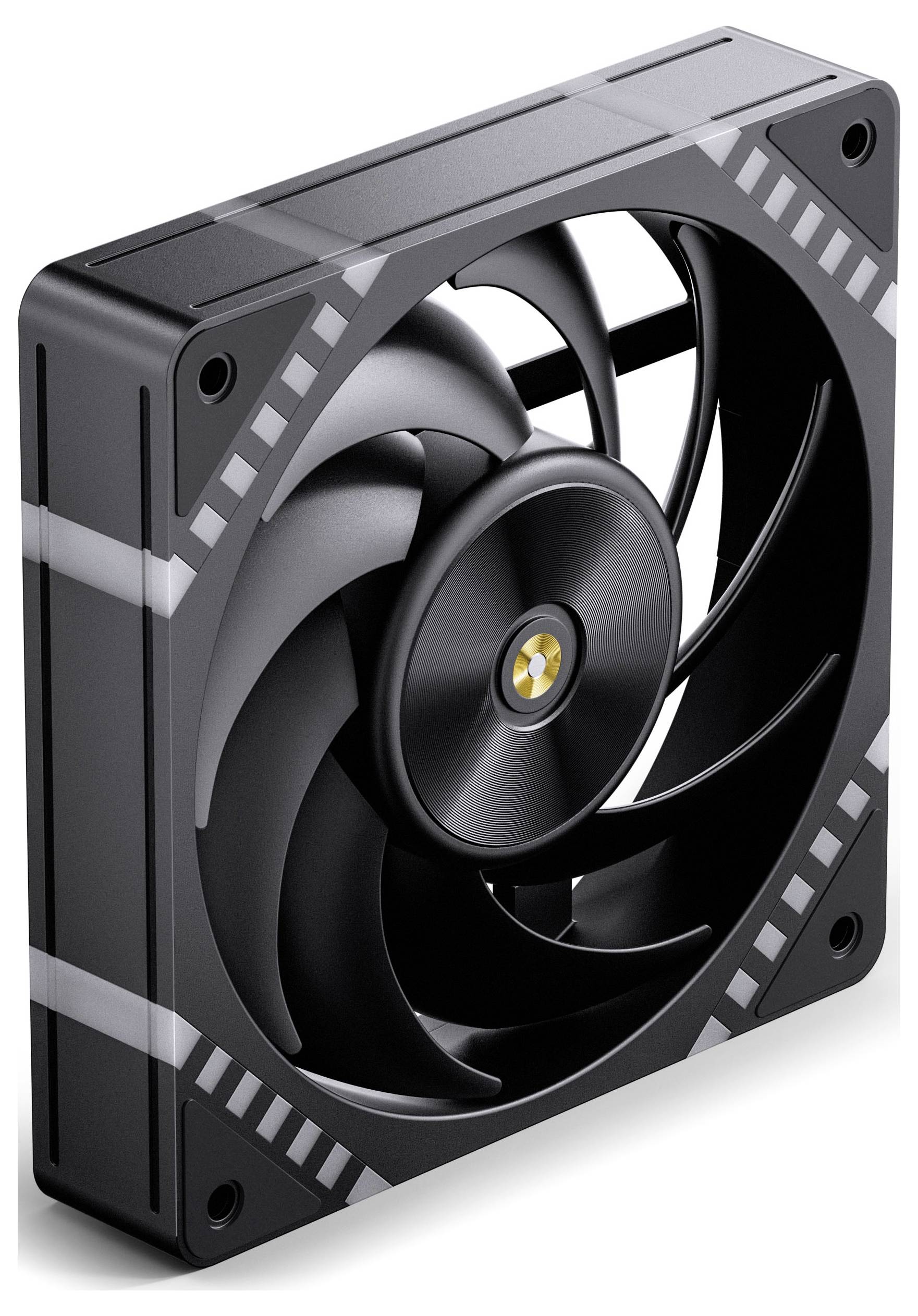 Elegantní černý počítačový chladicí ventilátor s zakřivenými lopatkami, navržený pro efektivní proudění vzduchu, disponuje pevným rámem s jemnými reflexními akcenty.
