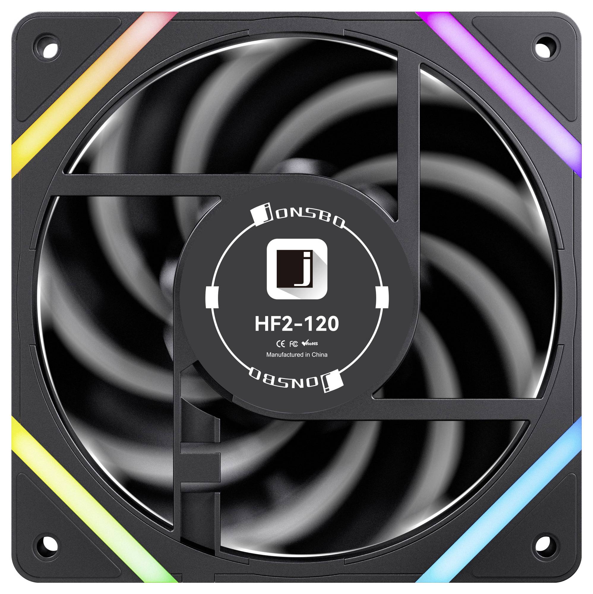 Černý počítačový chladicí ventilátor s RGB podsvícením na bocích, označený štítkem HF2-120, zobrazuje spirálovité lopatky uprostřed. Název značky a model jsou viditelné.