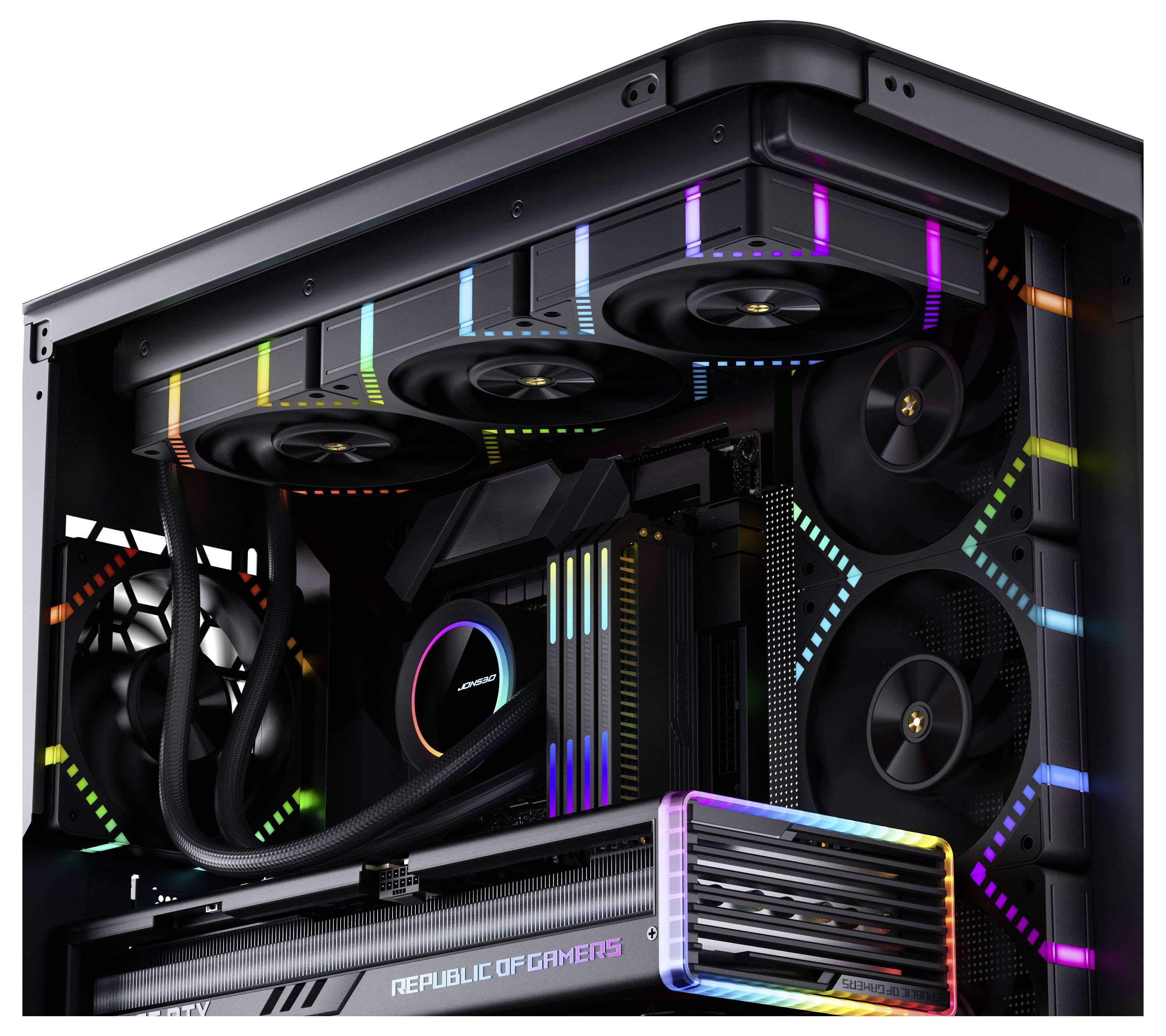 Herní počítač s barevným RGB osvětlením, vybavený velkými ventilátory, chladicími trubkami a logem 'Republic of Gamers' na grafické kartě.