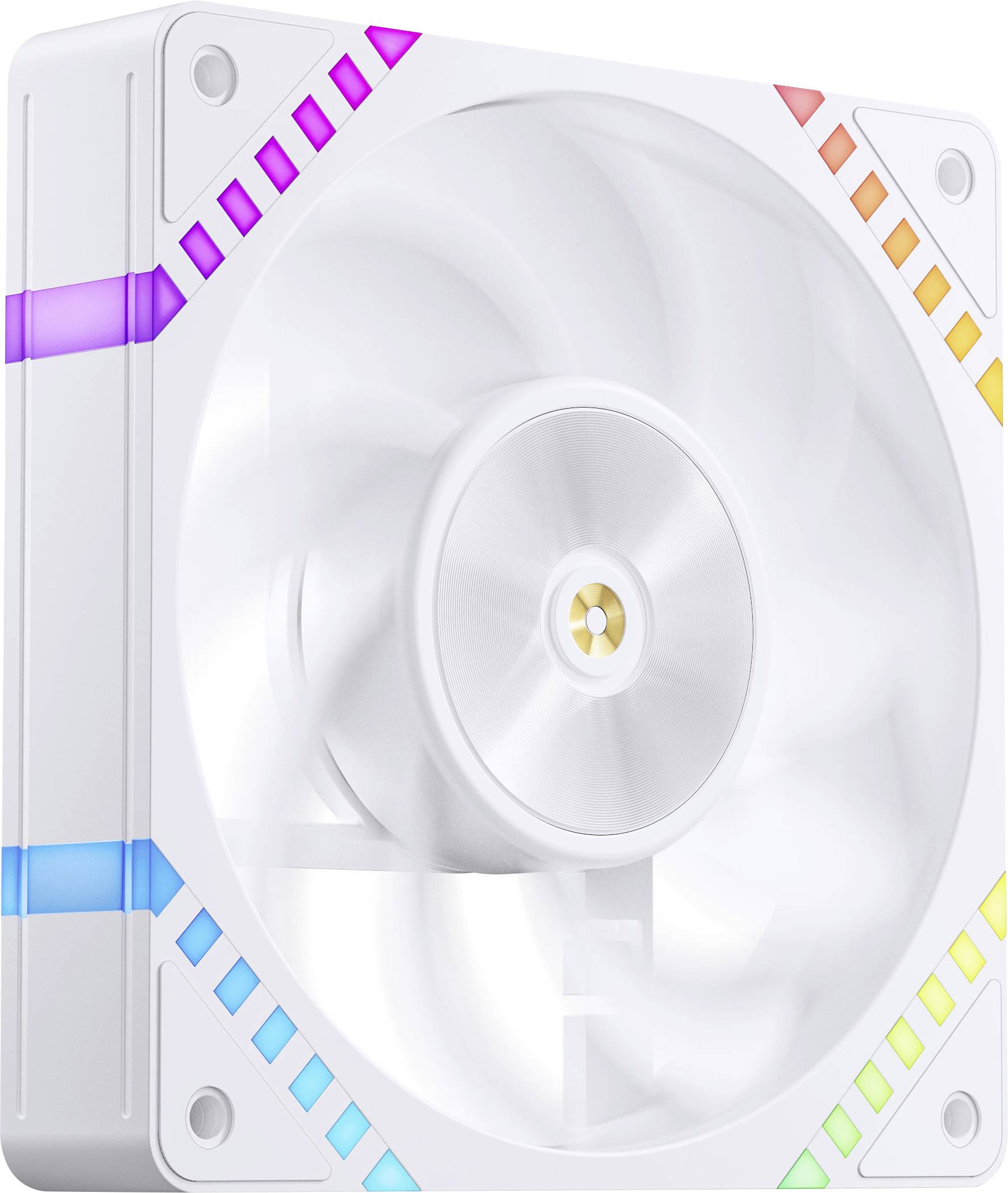 Bílý počítačový ventilátor s barevným LED osvětlením kolem okrajů, s moderním designem a více barevnými segmenty.