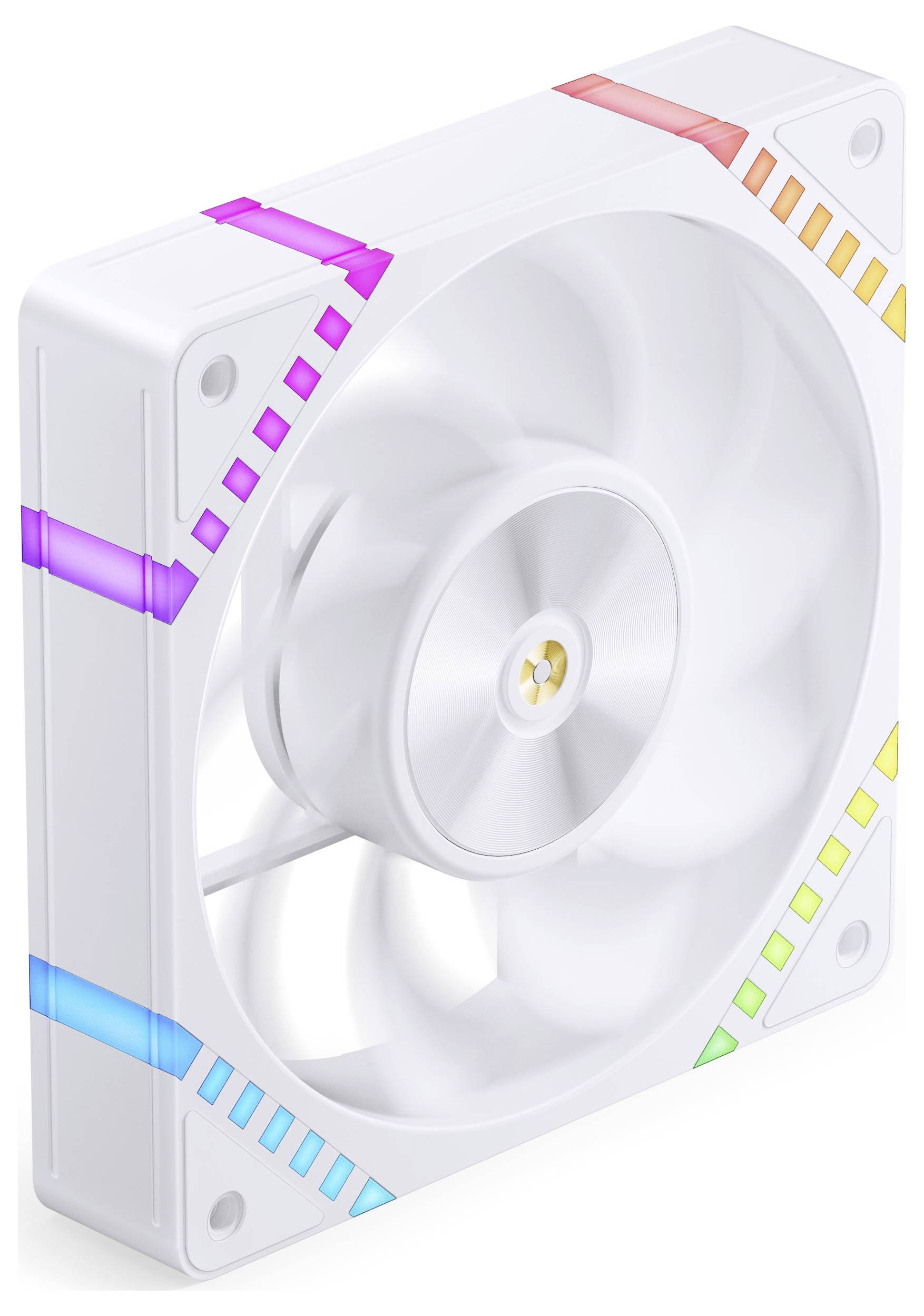 Bílý počítačový ventilátor s barevnými LED světly podél okrajů, s čtvercovým designem a průhlednými lopatkami.