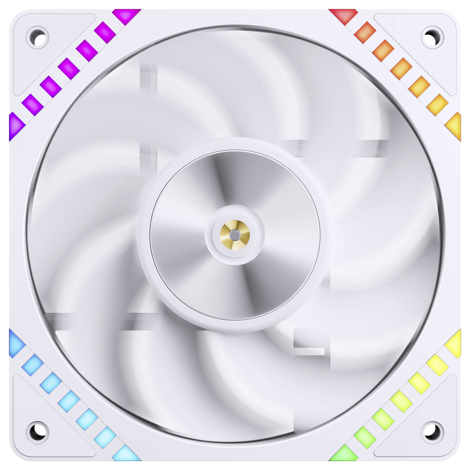 Bílý počítačový ventilátor s barevnými LED diodami (modrá, fialová, červená, oranžová, žlutá, zelená) v jeho rozích. Lopatky jsou kruhové.