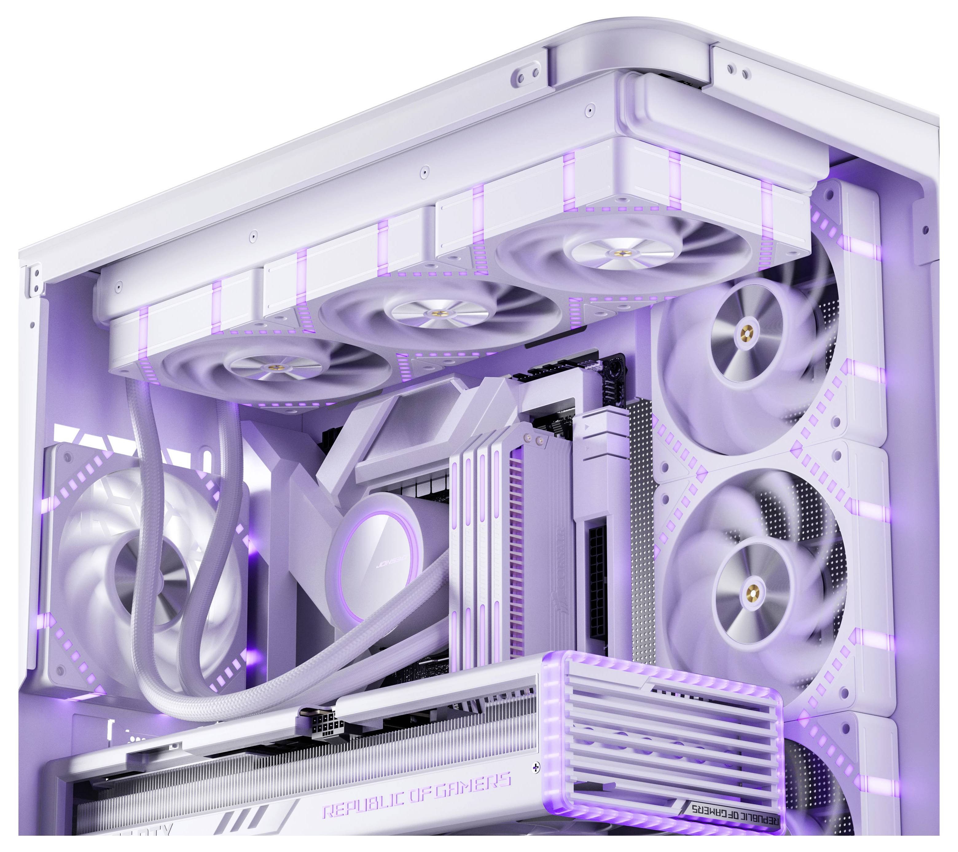 Počítač s fialovými LED světly, vyznačující se viditelnými chladicími ventilátory a komponenty uvnitř bílého pouzdra, prezentující high-tech design.