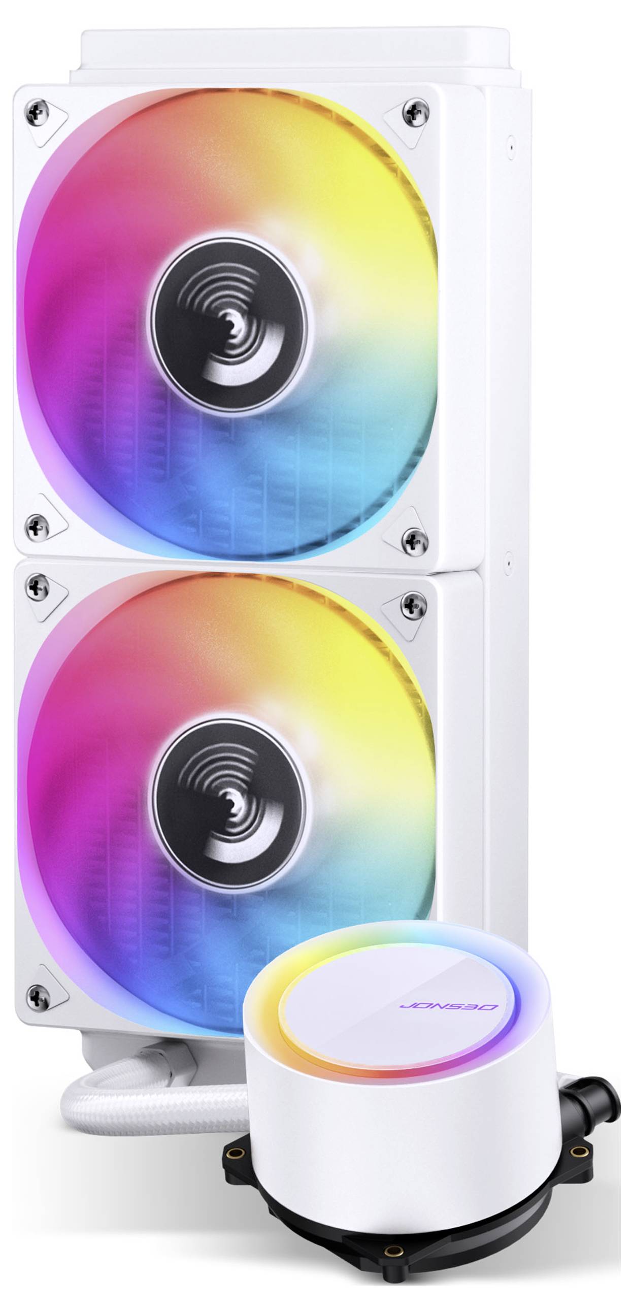 Chladicí systém počítače se dvěma RGB podsvícenými ventilátory a jednotkou čerpadla, v elegantním bílém designu.