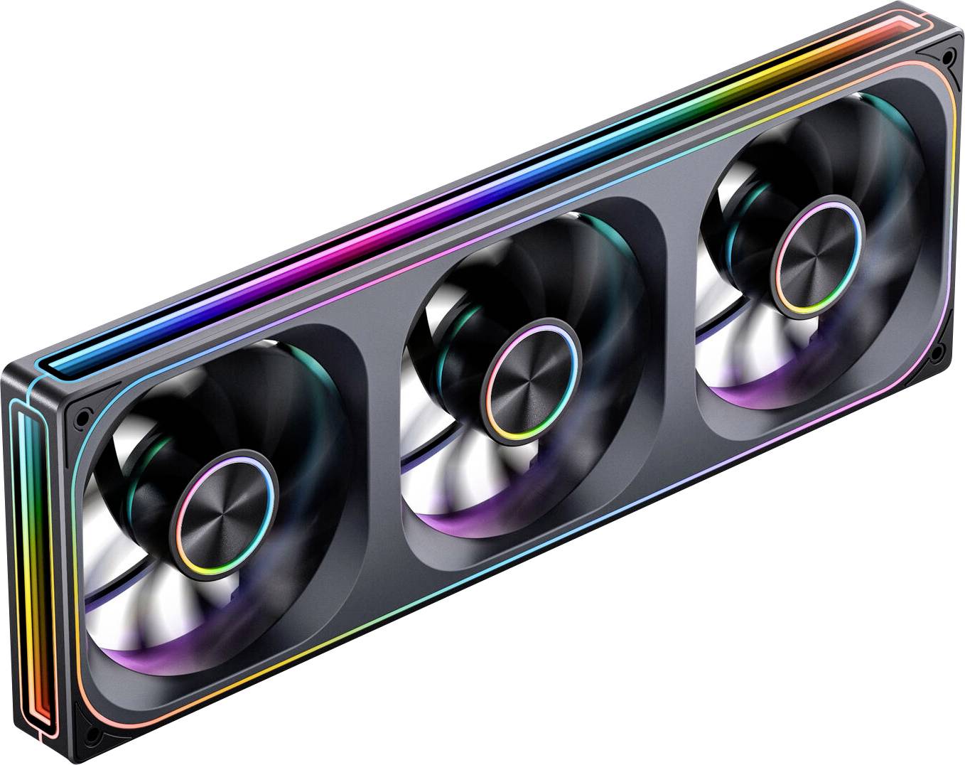 Jednotka chladicího ventilátoru počítače s třemi velkými ventilátory s nastavitelným RGB osvětlením v elegantním obdélníkovém pouzdře.