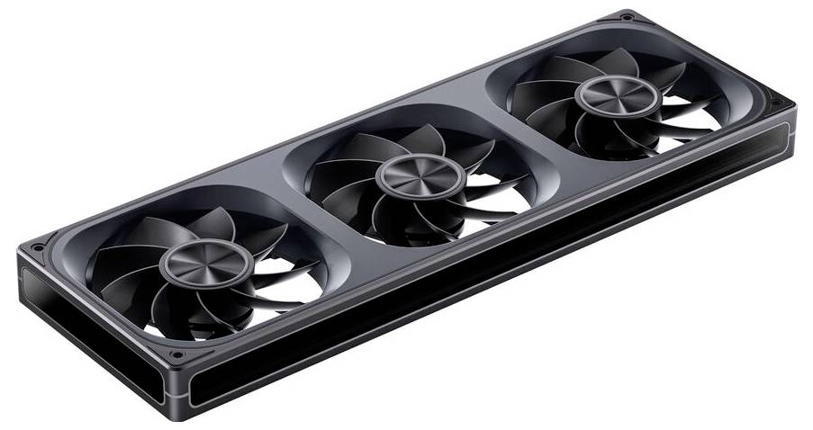 Počítačový chladicí ventilátor se třemi velkými černými listy v obdélníkovém rámu, navržený pro efektivní proudění vzduchu v elektronických zařízeních.