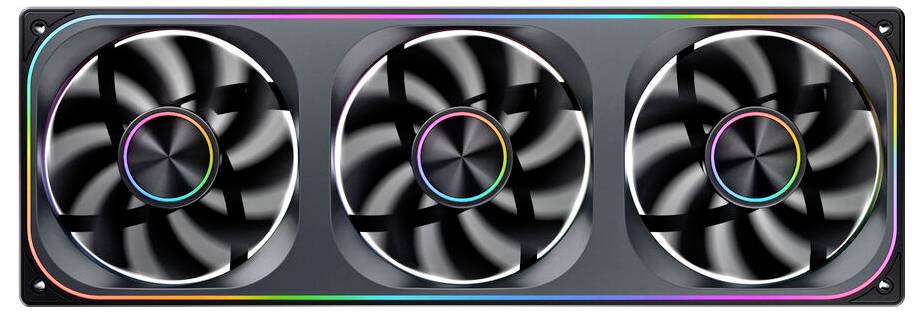 Obdélníkové chladicí zařízení pro počítač se třemi černými ventilátory, které jsou obklopeny RGB osvětlením, navržené pro vysoce výkonné grafické karty.