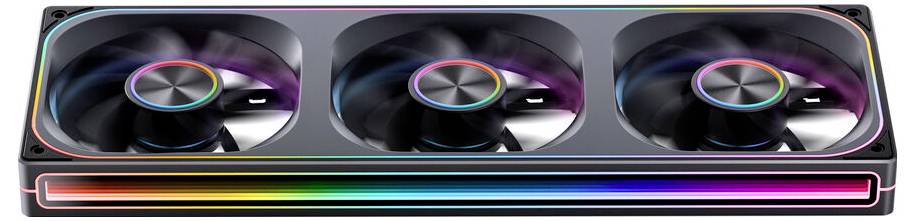Grafická karta se třemi RGB osvětlenými chladicími ventilátory a zářícími akcenty kolem okrajů, používaná pro zvýšení výkonu počítačové grafiky.