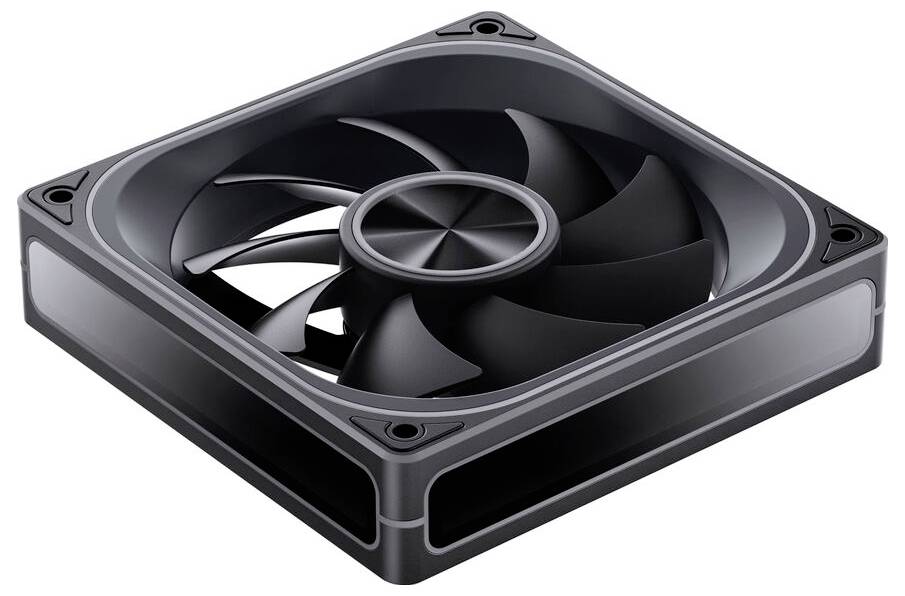 Čtvercový černý počítačový chladicí ventilátor s elegantním, moderním designem, který má devět lopatek umístěných v kompaktním rámu.